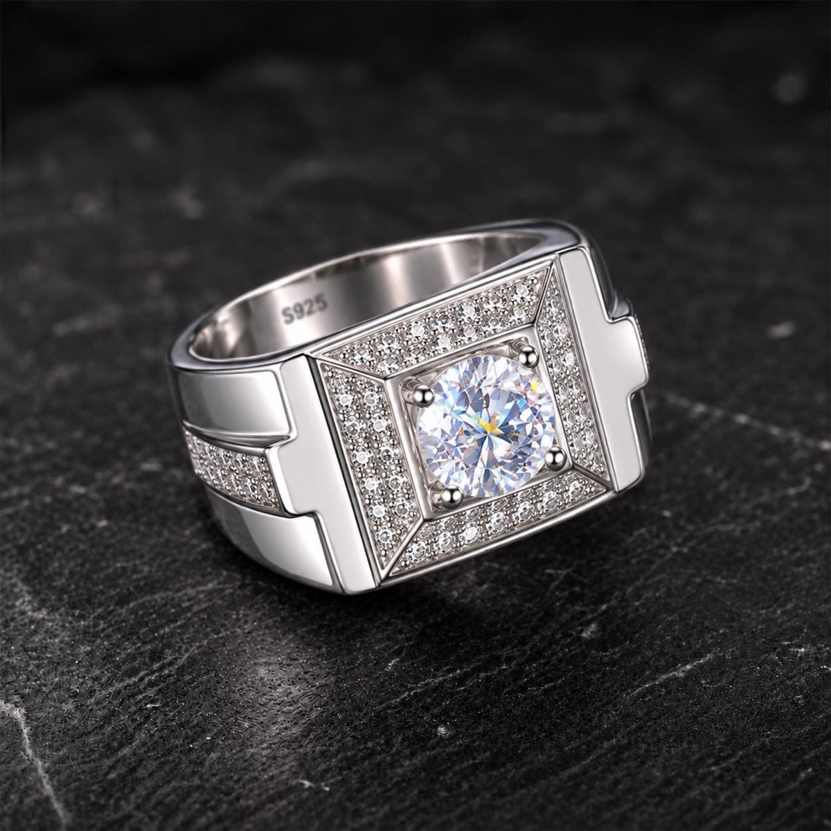 Mens 1 Carat Moissanite Wedding Statement Ring : 925 Sterling Silver