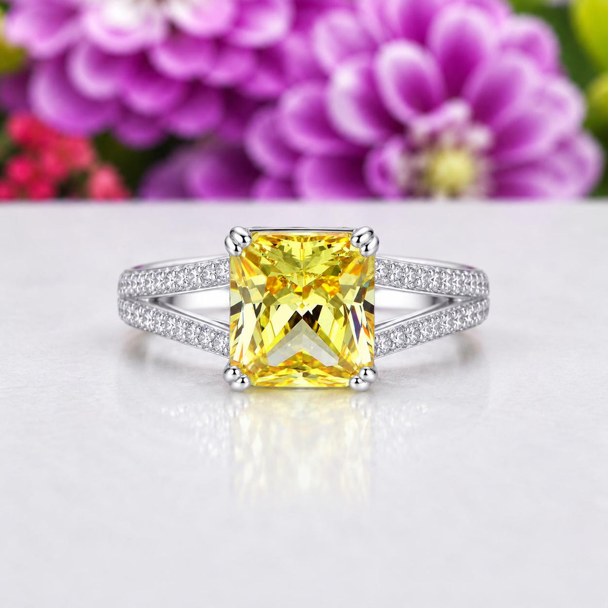 Radiant Cut 6 Carat Canary Yellow Sapphire Engagement Ring : 925 Sterling Silver