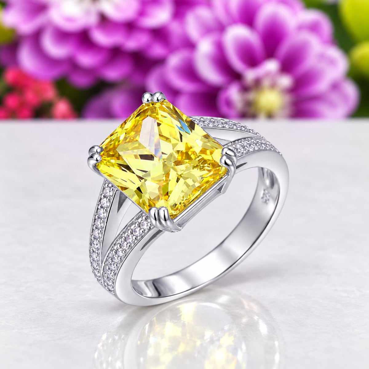 Radiant Cut 6 Carat Canary Yellow Sapphire Engagement Ring : 925 Sterling Silver