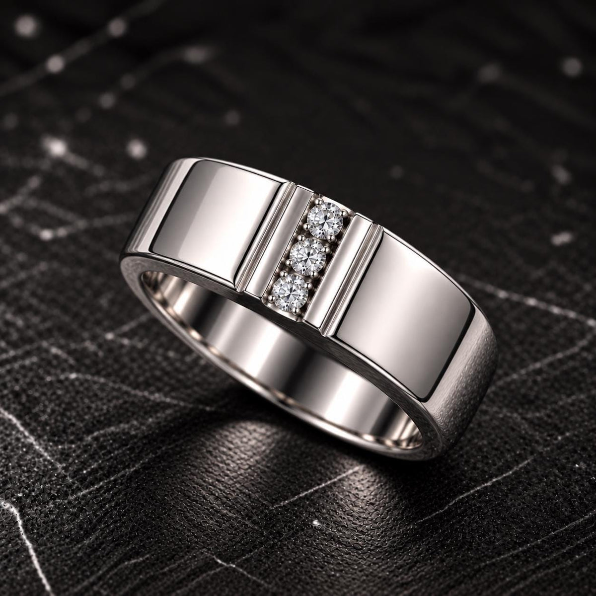 Mens Solid Silver Three Stone Moissanite Wedding Band Ring : 925 Sterling Silver