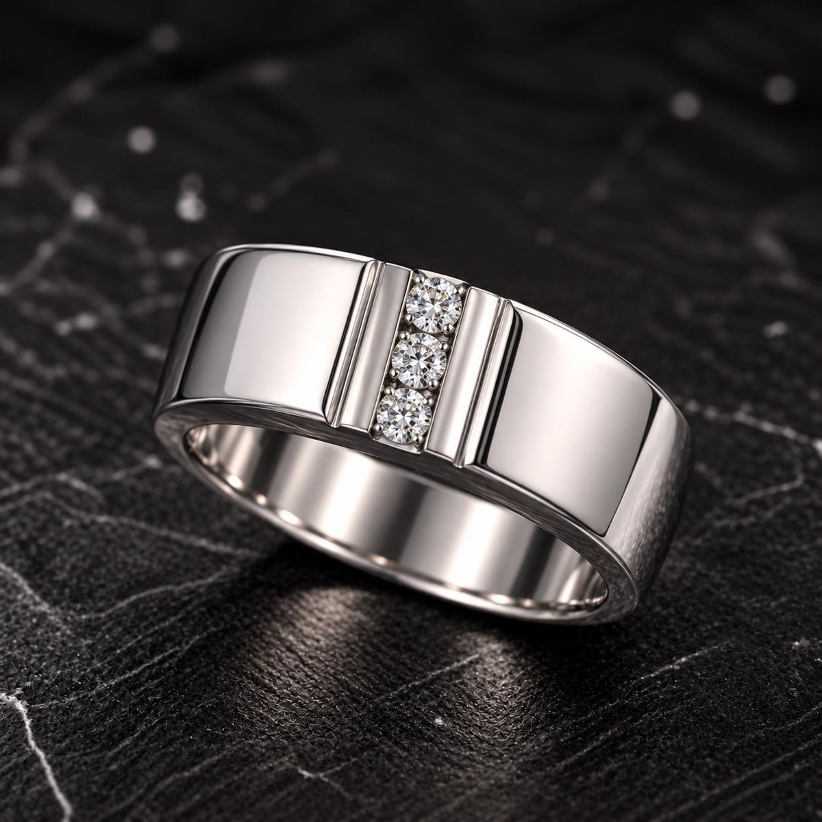 Mens Solid Silver Three Stone Moissanite Wedding Band Ring : 925 Sterling Silver