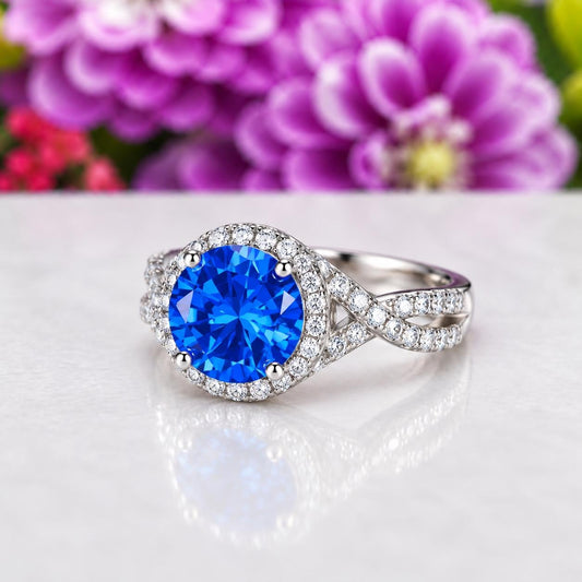 Round Cut 3 Ct Blue Sapphire Engagement Promise Ring : 925 Sterling Silver
