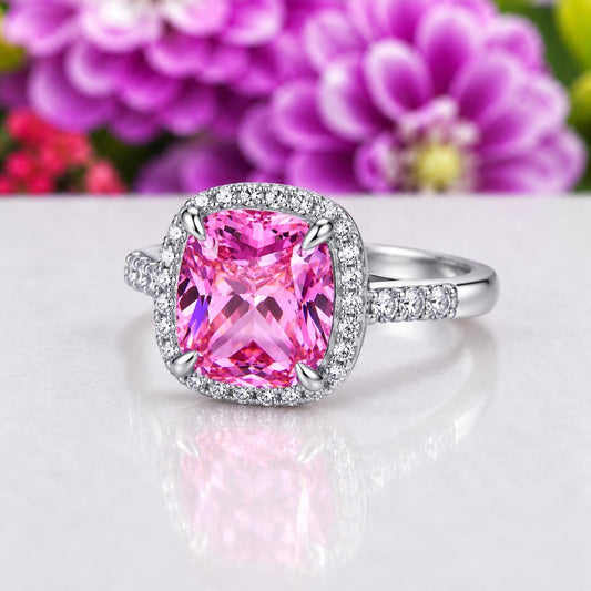Cushion Cut 6 Carat Pink Sapphire Engagement Ring : 925 Sterling Silver