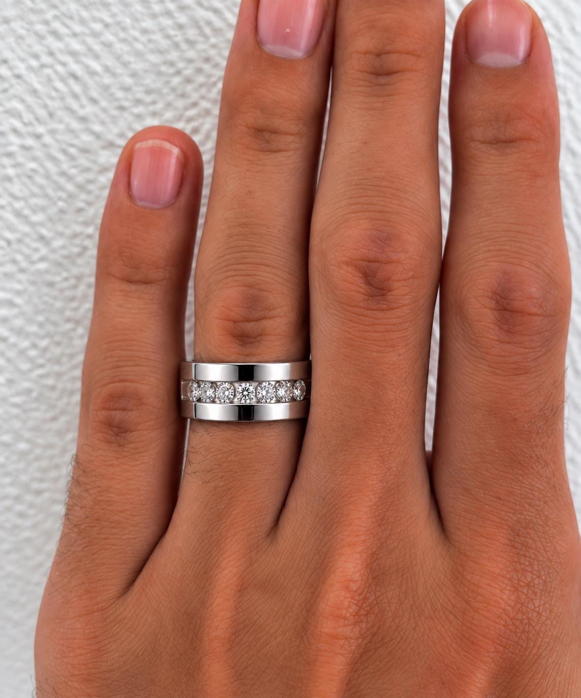 Mens Channel Set Moissanite Wedding Band Ring : 925 Sterling Silver
