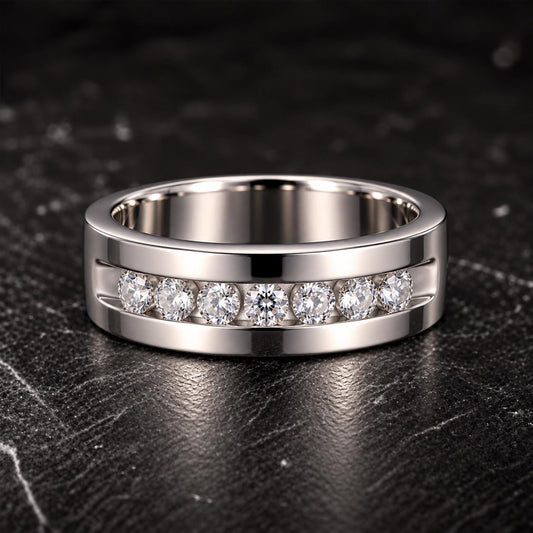 Mens Channel Set Moissanite Wedding Band Ring : 925 Sterling Silver
