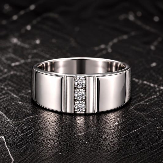Mens Solid Silver Three Stone Moissanite Wedding Band Ring : 925 Sterling Silver