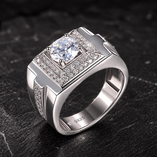 Mens 1 Carat Moissanite Wedding Statement Ring : 925 Sterling Silver