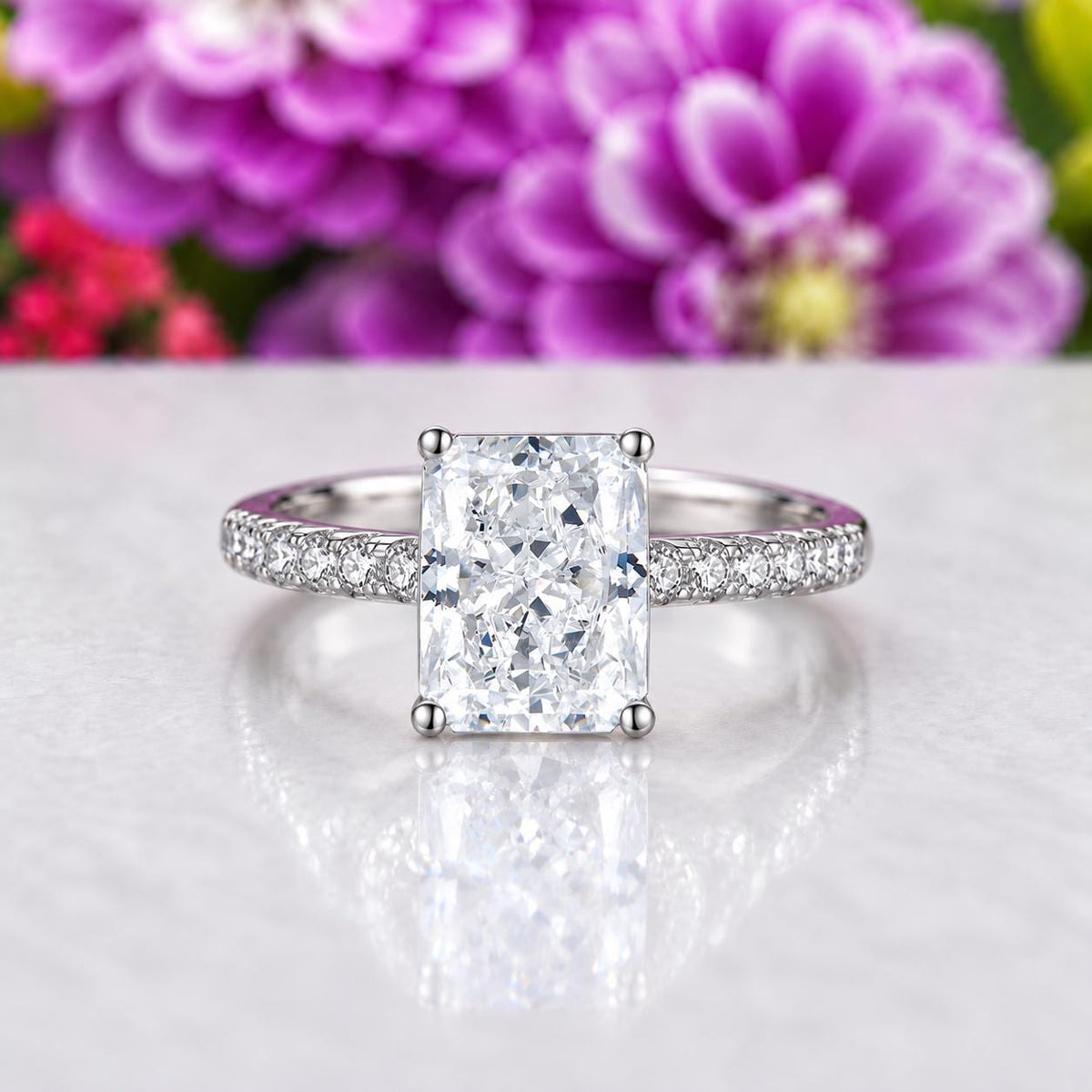 Radiant Cut 3 Ct Moissanite Diamond Engagement Ring : 925 Sterling Silver