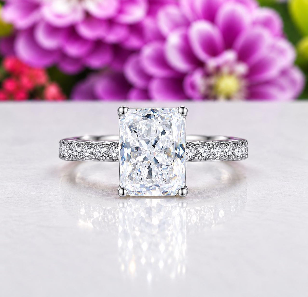 Radiant Cut 3 Ct Moissanite Diamond Engagement Ring : 925 Sterling Silver