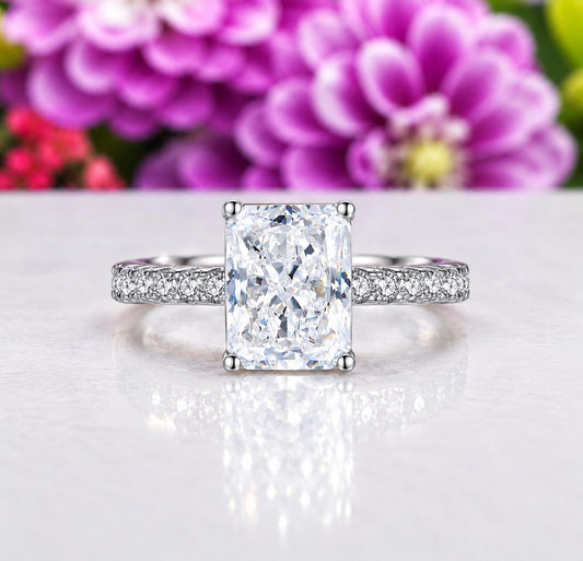 Radiant Cut 3 Ct Moissanite Diamond Engagement Ring : 925 Sterling Silver