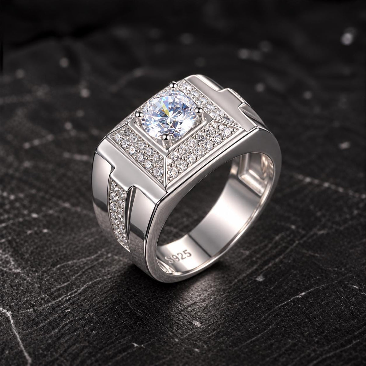 Mens 1 Carat Moissanite Wedding Statement Ring : 925 Sterling Silver
