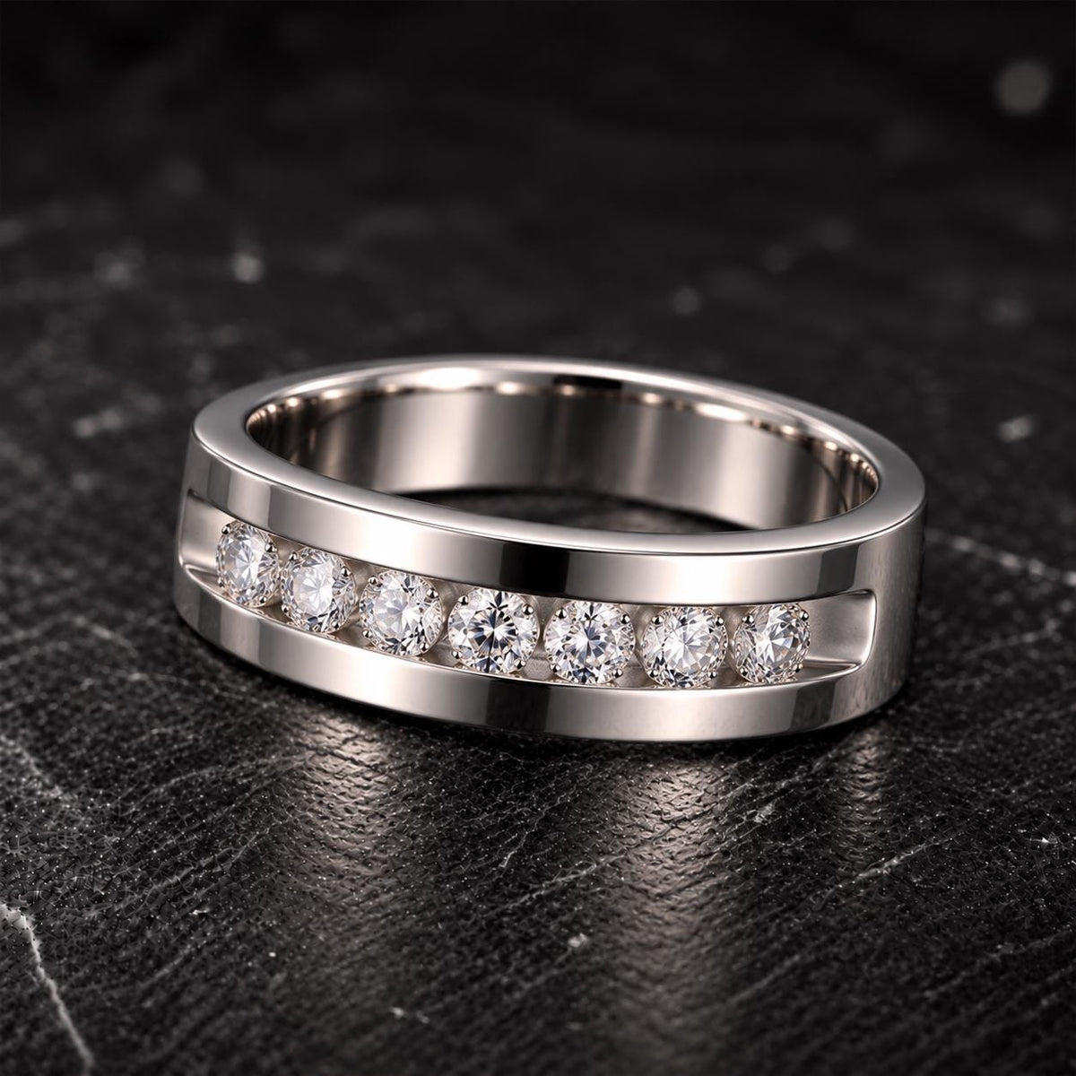 Mens Channel Set Moissanite Wedding Band Ring : 925 Sterling Silver