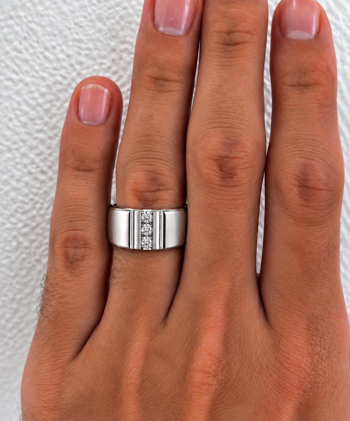 Mens Solid Silver Three Stone Moissanite Wedding Band Ring : 925 Sterling Silver