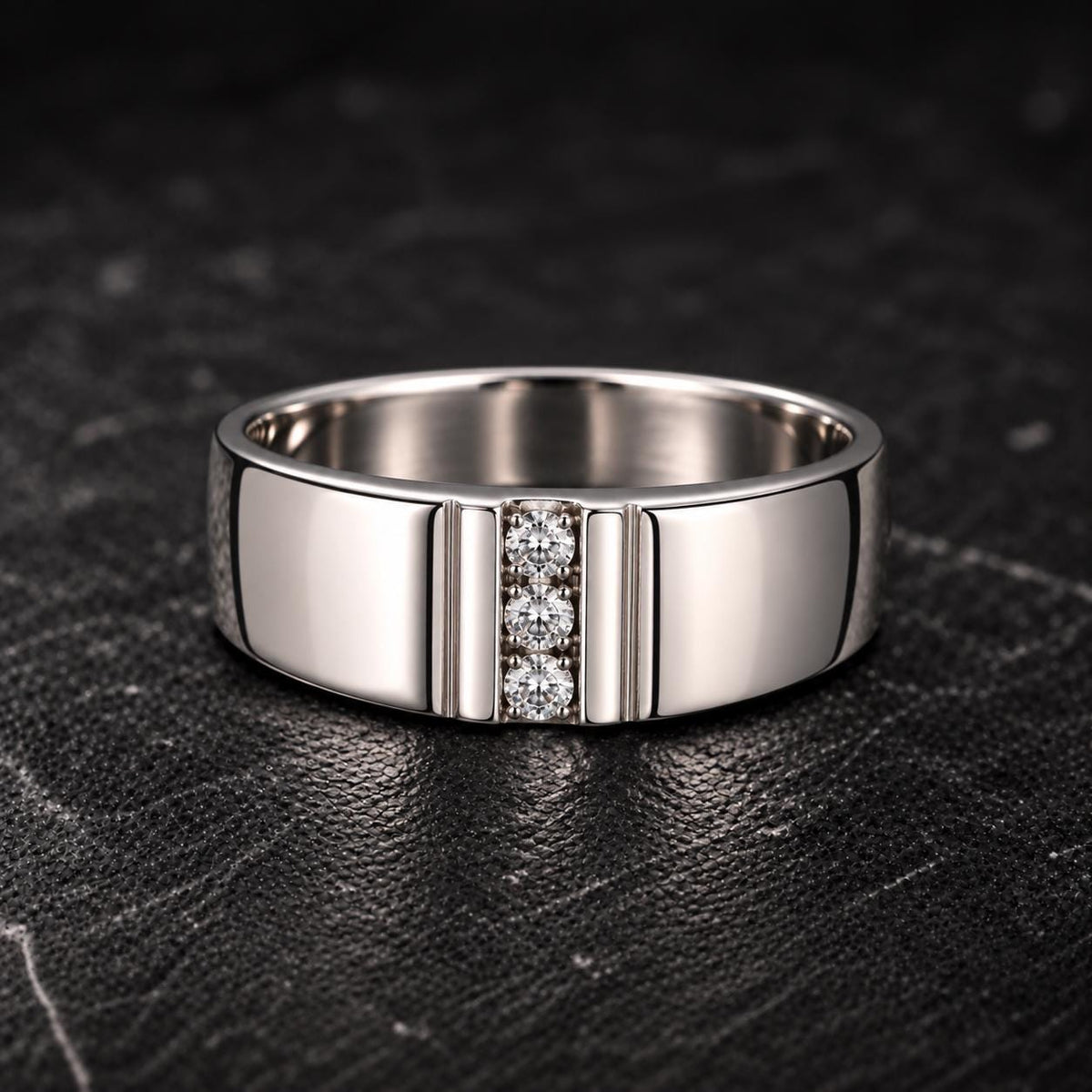 Mens Solid Silver Three Stone Moissanite Wedding Band Ring : 925 Sterling Silver