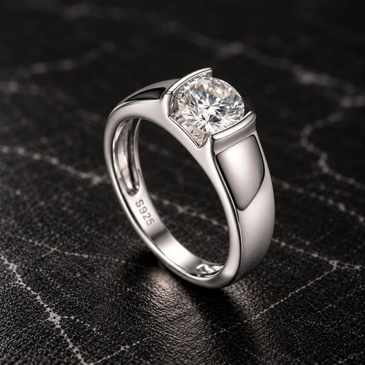 Mens Round Cut Moissanite 1 Carat Wedding Band Ring : 925 Sterling Silver