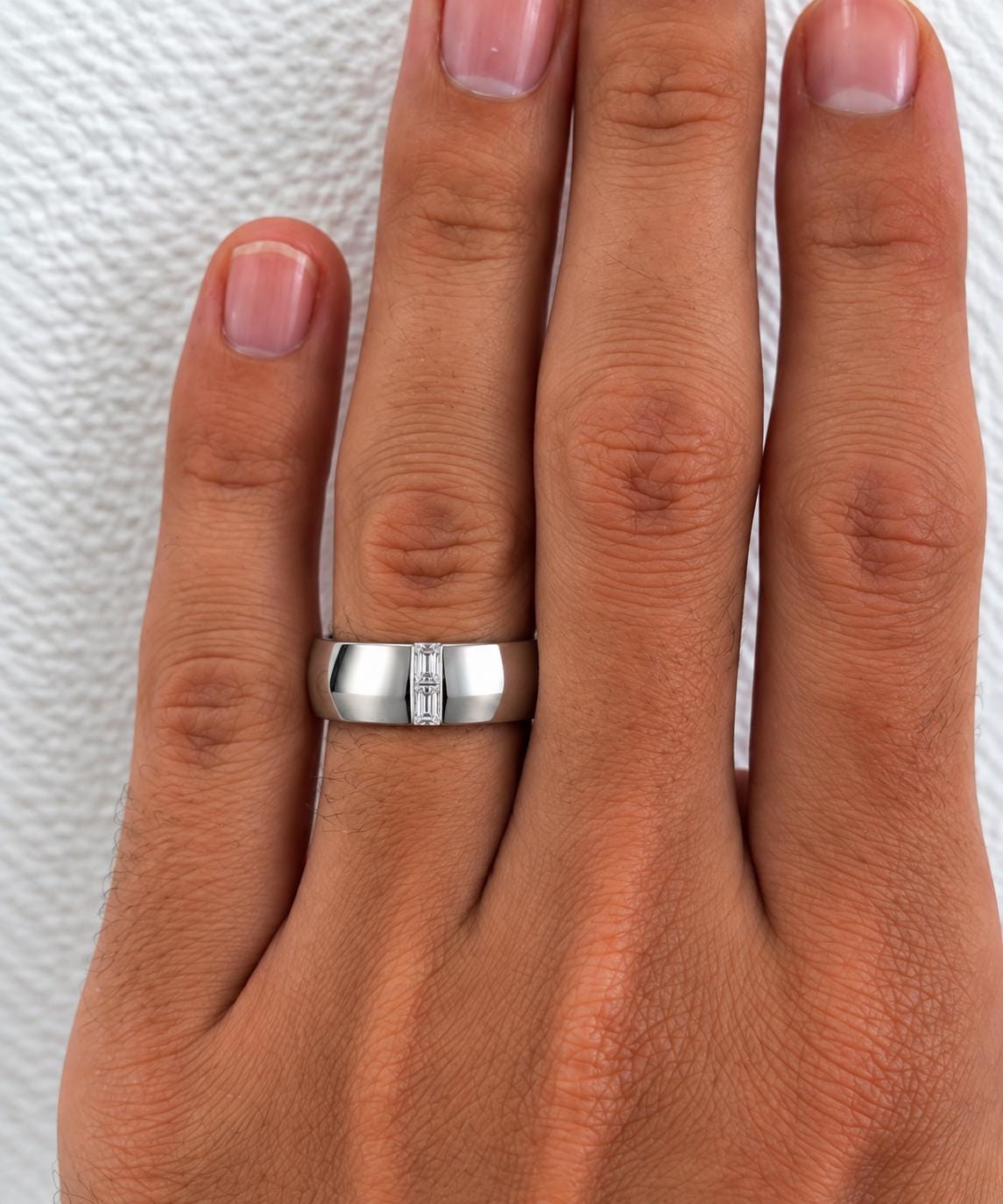 Mens Double Emerald Cut Moissanite Diamond Wedding Band Ring : 925 Sterling Silver